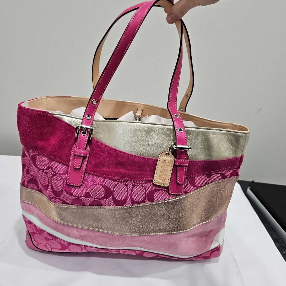 Vintage Coach Ltd Ed Signature Pink Wave Gallery Tote Bag Suede 1441 Multicolor - Picture 2 of 14